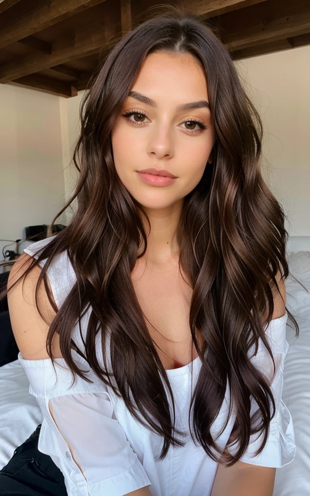 1 femme, Long Wavy Hair, dark brown eyes, top, chambre