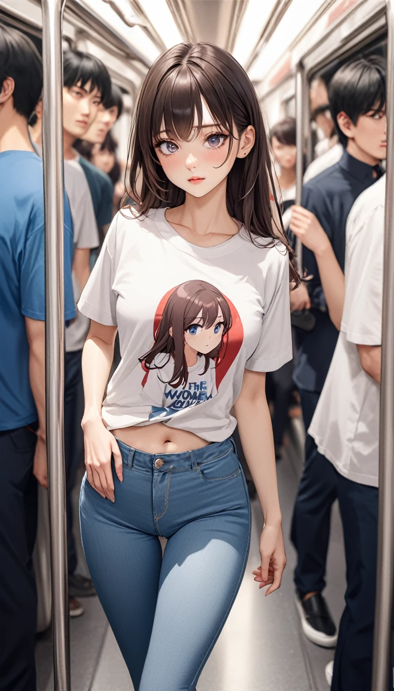masterpiece, High resolution, perfect face, Korean beauty, 30 years old, beautiful face, in the crowded train, anime T-shirt, skinny pants, embarrassed look, look at the camera, (top quality eyes), detailed texture, look at me, Married woman, cool women, ((high resolution eyes)), little curvy