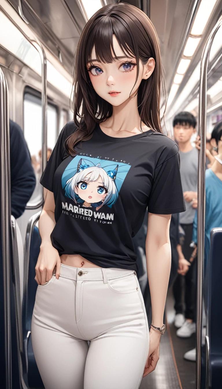 masterpiece, High resolution, perfect face, Korean beauty, 30 years old, beautiful face, in the crowded train, anime T-shirt, skinny pants, embarrassed look, look at the camera, (top quality eyes), detailed texture, look at me, Married woman, cool women, ((high resolution eyes)), little curvy