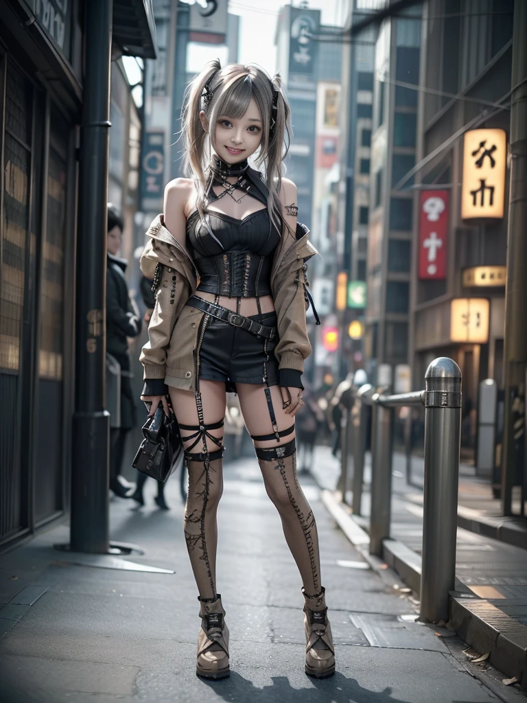 (Full Body View:1.2)、(Smiling with teeth showing:1.3),(Shibuya Gal:1.5)、(Beautiful:1.5)、(Neo-goth fashion:1.5)、(Punk RockVisual Kei:1.5)、(An off-the-shoulder hoodie in khaki and brown with delicate silver accessories.:1.5)、(A corset with a delicate beige and brown design:1.4)、(Khaki and brown snakeskin bodysuit:1.5)、(head band:1.3)、(Beige and charcoal knee socks:1.4)、Embellished collar and long boots、(I'm selling snake print underwear.:1.4)、(Long eyelashes:1.3)、(20-year-old)、((Highest quality、8k、masterpiece:1.3))、1 Female、Slim and beautiful abs:1.3、(hairstyle casual、Beautiful boobs:1.1)、(Doing an aerobics pose:1.3)、dress:1.1、Super small face、Narrow eyes、double eyelid、A sloppy smile、Esbian all over body、Dynamic Angle、Close-up、CPL Filter、Blurred Background、Bokeh、Blue Hour、Detailed face and skin texture、Detailed eyes、,(Twin tails:1.3)、(Black brown hair:1.3)、Gravure idol、(The background is a glamorous dance hall:1.3)、(Make your legs thinner:1.4)、(Slim Body:1.3)、(clavicle:1.1)