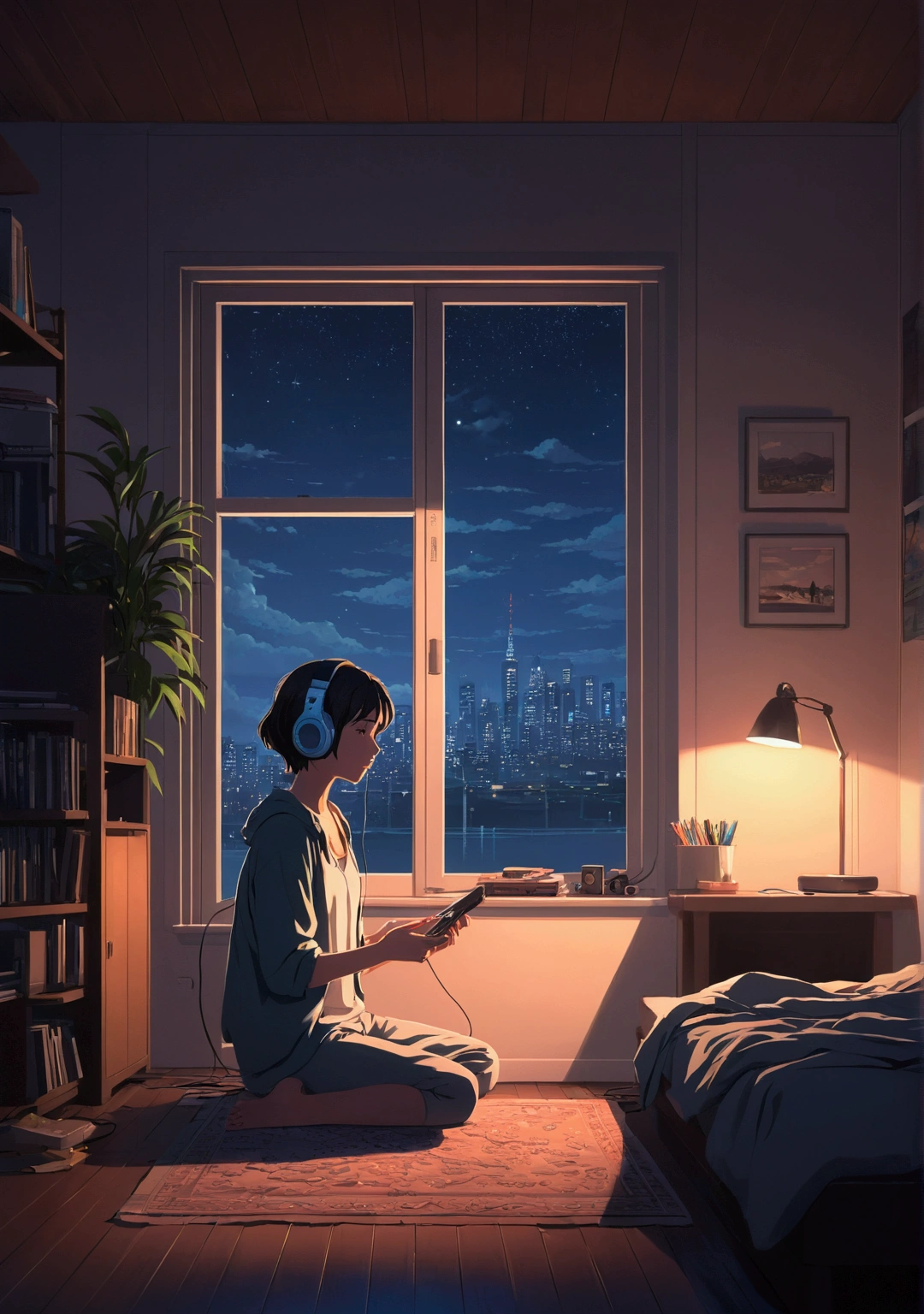 night、Girl listening to music in a cozy room, Using headphones, 2D-style animation, Lo-Fi, hard disk, Dark Environment、In the style of Makoto Shinkai