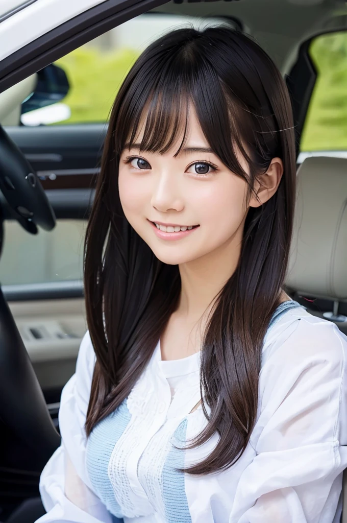 8K、High definition、Ultra Detail、Photorealistic、Realistic and accurate depiction、Realistic and accurate human anatomy、High resolution、Highest quality、Japanese beautiful girl、masterpiece,Highest quality,Raw photo、She sits in the passenger seat of the car、Drive Date、A very cute face like an idol 、Very beautiful black hair、A refreshing smile、Cute hairstyle、Neat and cute clothes