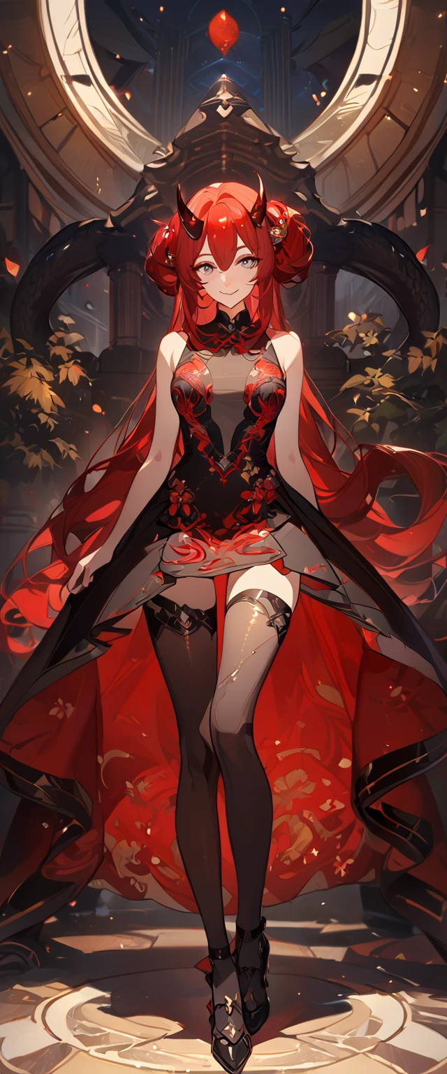 masterpiece, best quality, 8k ,4k , 1girl, teenage girl, dragon girl, red hair, gray eyes, big chest, slender waist, small waist, small thigh, horn, hair ornament, finely detailed eyes and detailed face, looking at viewer, Black sleeveless top, transparent embroidery skirt, skirt to the knee, majestic looks, smiling gently, Lace dress, patterned clothes, red scale scattered pattern clothes, meticulous clothes, revealing clothes, mature clothes, majestic looks, smiling gently, small bird, full body, artist : ask, art style : ask