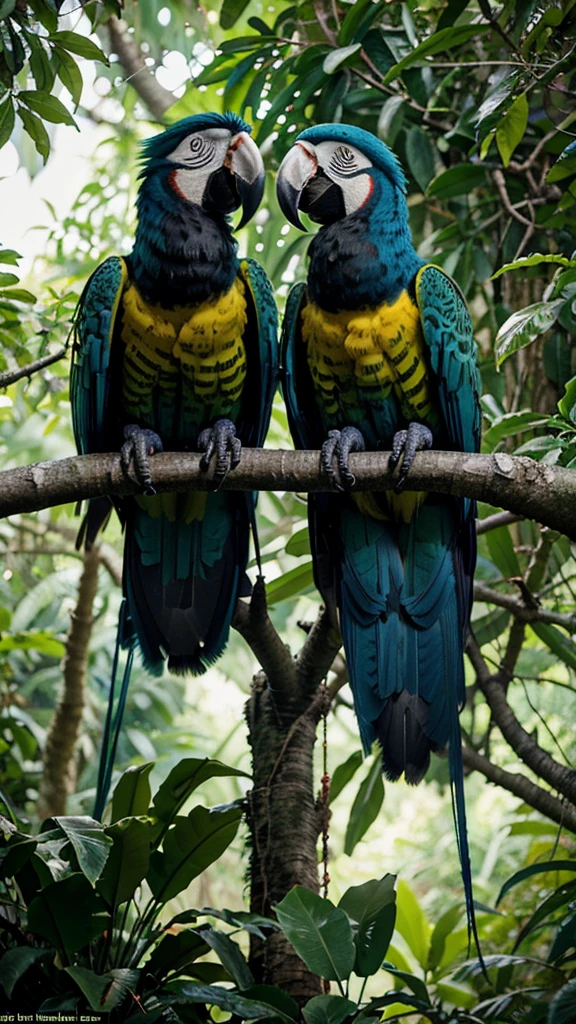 Forest Companions: A pair of macaws perched on a tree branch in a dense rainforest, their vibrant blue and yellow feathers standing out against the lush green leaves and vines.