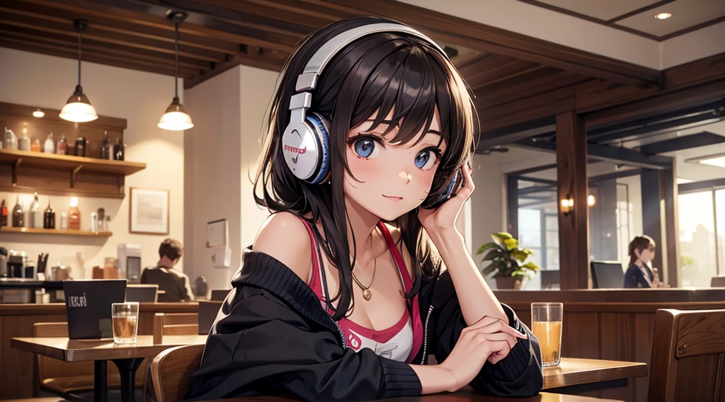 Girl with headphones enjoying music in a cafe I am studying Emphasize a little bit of the chest