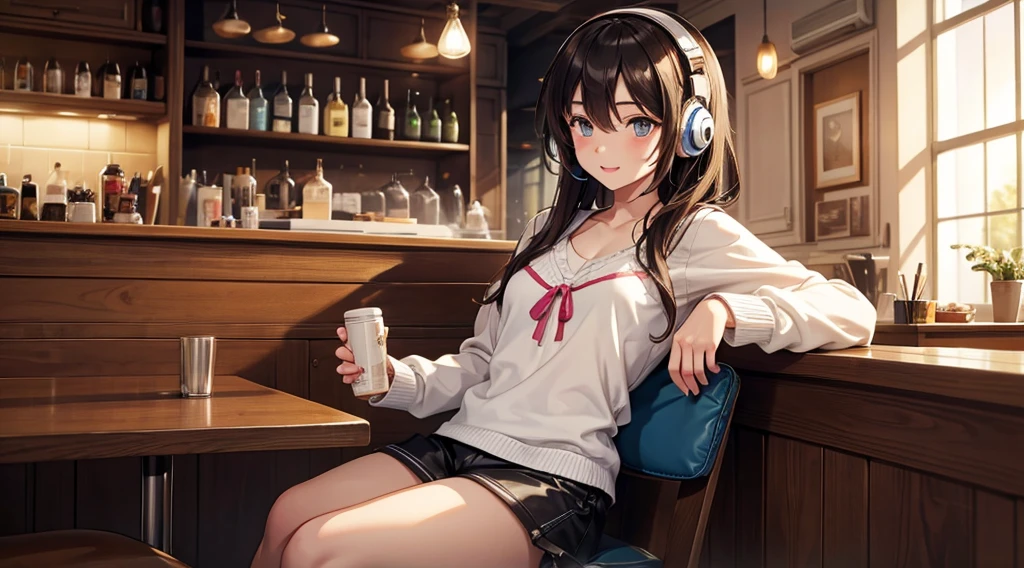 Girl with headphones enjoying music in a cafe I am studying Emphasize a little bit of the chest