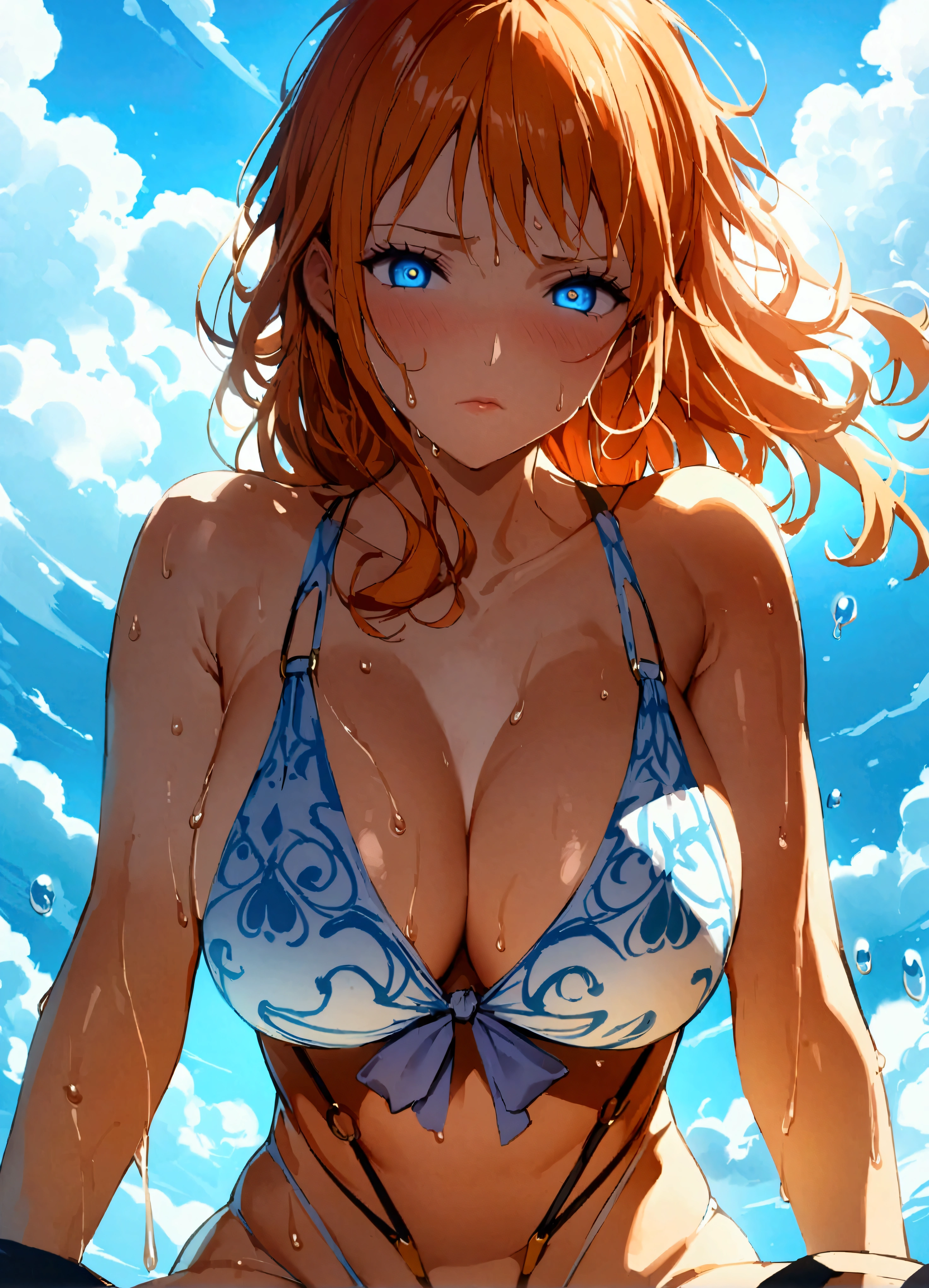 score_9、score_8_up、score_7_up、score_6_up、source_アニメ、2d、One girl、solo、From below、(First-person view)、Nami(one piece)、Nami、Spread your legs、Glowing Eyes、Close-up、Slingshot swimwear、Half an eye、Cameltoe、Large Breasts、Wet、Dripping、Thick thighs、Sweating、Expressionless、Watching the viewer、(Blue sky background)、