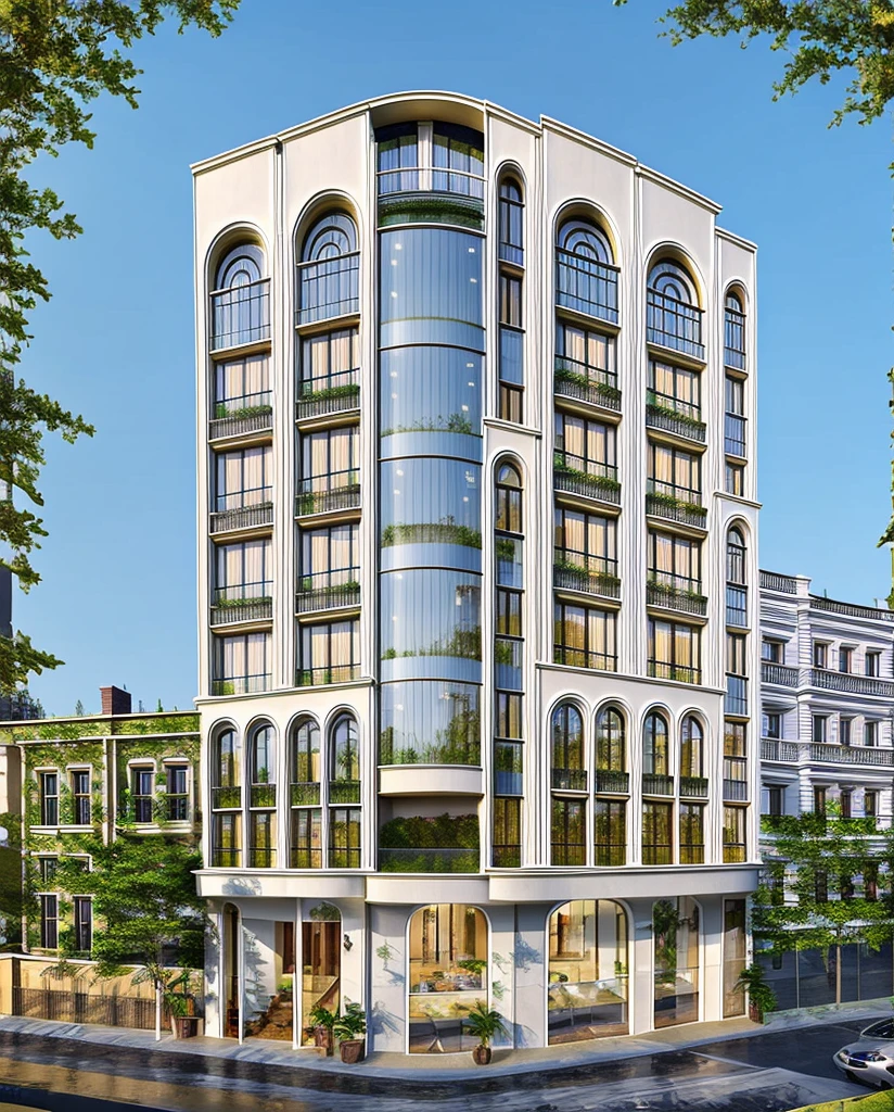 (masterpiece, best quality:1.2) 1white neoclassic building, (curved window), plants on company, building, exterior, architecture design, building in street