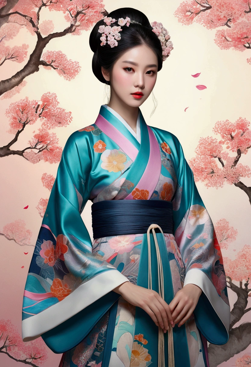 Ambilight,masterpiece,ultra-high quality,(ultra detailed original illustration),((hanfu fashion)),clean cloth,flower blossom background,double exposure,fussion of fluid abstract art,(original illustration composition),( fusion of limited color, maximalism artstyle, geometric artstyle, junk art),
