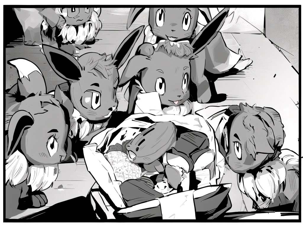 a group of Pokemon Eevees, there are plastic bags containing food such as meat patties and others, there are 6 Eevees, black and white, ((LineArt))