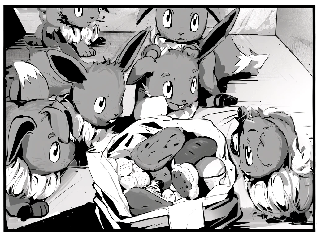 a group of Pokemon Eevees, there are plastic bags containing food such as meat patties and others, there are 6 Eevees, black and white, ((LineArt))