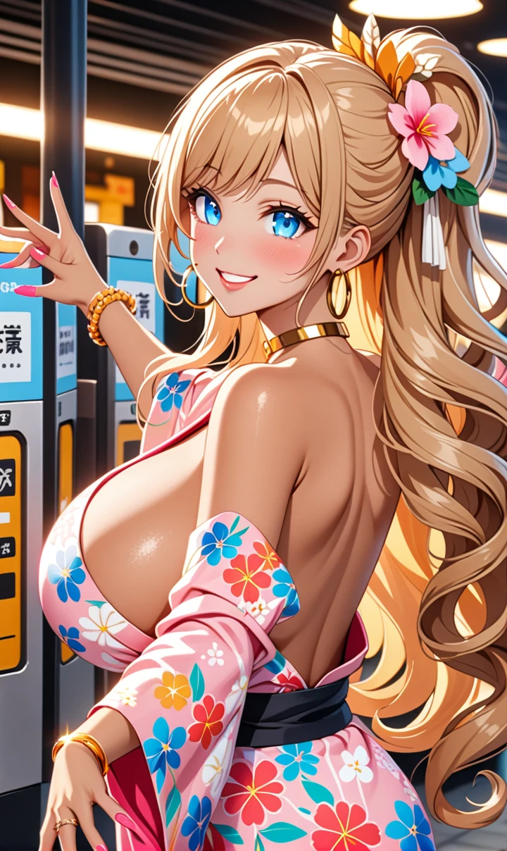 ultra-detailed, ((one girl)), (tan skin:1.4), in pastel colors gyaru, (heavy makeup), (professional lighting) hyper detailed, absurdres, 8k, Beautiful Face, (Laugh shyly), ((teasing smile:1.6)), ((happy smile:1.5)),  ((Wink:1.6)), (Laugh with your mouth wide open),((Tilt your face:1.6)), View your viewers, ((Bright red cheeks:1.6)),Glossy shocking pink lips, ((huge breasts:1.6)),  ((undressing)), noon, summer, Station ticket gates, Anime style background)),masterpiece, Highest quality, (Brighten your face), so beautiful,Latest, Complex details, ((fluorescent pink long nail:1.3)), (ring),(bracelet), (Floral Choker),AI-generated, Complex,High resolution, Highest quality, super high quality,3D Images、3D Images,One person, ((honey blond long hair), (High Ponytail), (wavy hair:1.4), Anime woman posing for a photo, ((Fine grain、blue eyes、glowing eyes:1.4)), (Squint your eyes:1.1),a hyperRealistic , hyperRealistic , Realistic,Anime woman with long honey blonde hair, Smooth anime CG art, A girl in a gorgeous pastel-colored kimono, ((Pastel-colored furisode)),(Pink large floral pattern), (sideboob),  Long flower hair ornament,large gold hoop earrings, Mature Body, tall,Narrow waist, from behind, (upper body),  ((Reaching out to your audience:1.3)),