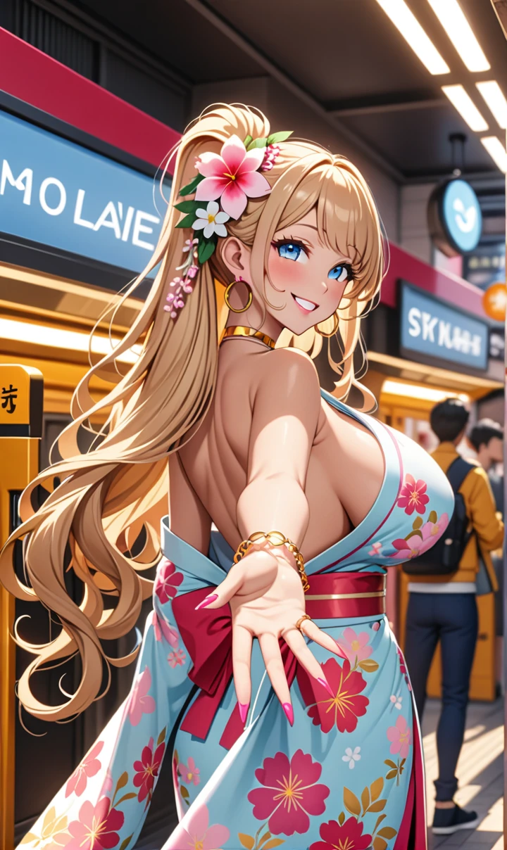 ((One woman)), Beautiful Face,Laughing embarrassedly,Blushing,Sweat,Glossy pink lips,Daytime,Meet at the station ticket gate, ((Anime style background)),masterpiece, highest quality, so beautiful, up to date, Complex details, (Pink long nails),AI-generated, Complex,High resolution, highest quality, super high quality,3D Images、View the viewers、3D Images,one person,Long Blonde Hair,High Ponytail,blue eyes,Anime woman posing for a photo, [[Fine grain、Colorful eyes、Shining Eyes:1.15]],(Squint your eyes:1.1),a hyperRealistic , hyperRealistic , Realistic,Blonde anime woman with long hair, Smooth anime CG art, (金の刺繍の入ったYellow Yukataの女性), Yellow Yukata,Floral pattern,Long flower hair ornament,Earrings,(Large Breasts:1.2),Mature Body,tall,Big Ass,Fine details,Trained abdominal muscles,Waving to the audience