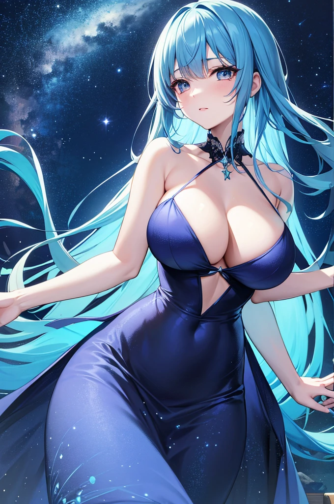 Ultra HD、A beautiful blue-haired character、Very large eyes like in an anime、Red burning cheeks、Night scene with starry sky background、Wearing a gorgeous dress、Subtle details、A fantastic atmosphere、Anime style