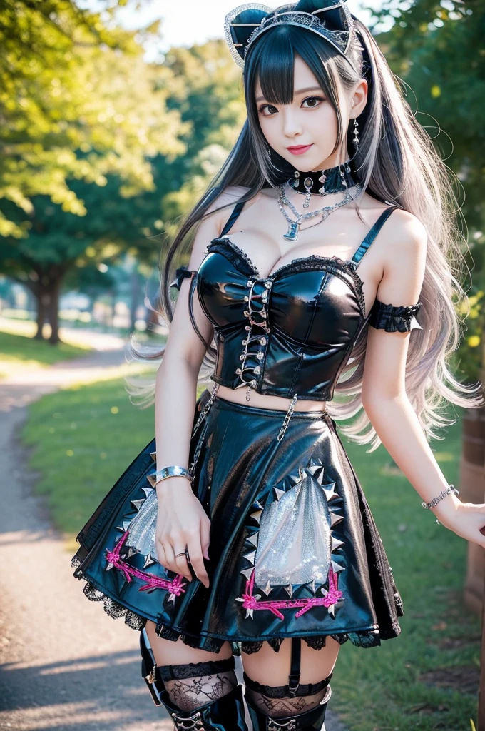 sexy stylish Japanese model, only 1 female, ((doll-like appearance)), gold long hair, ((shiny Punk-Style boots)), (happy smile), ultra detailed eyes, long lashes, metallic makeup, lip-gloss, ((sexy Punk ta cosplay)), unconventional skirt, petticoats, high neckline, ((ultra detailed lace)), ((ultra detailed embroidery)), intricate details, tartan patterns, (silver chains), (silver spikes), Punk Loliccessories, Punk Lolita cr, ((large sparkling Punk Lolita jewel, cinematic light, detailed large park background with trees,Big Breasts、cute