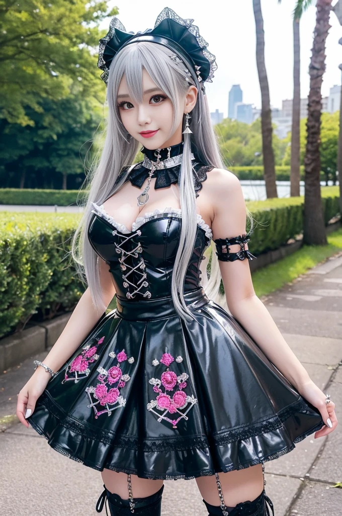 sexy stylish Japanese model, only 1 female, ((doll-like appearance)), gold long hair, ((shiny Punk-Style boots)), (happy smile), ultra detailed eyes, long lashes, metallic makeup, lip-gloss, ((sexy Punk Lolita cosplay)), unconventional skirt, petticoats, high neckline, ((ultra detailed lace)), ((ultra detailed embroidery)), intricate details, tartan patterns, (silver chains), (silver spikes), Punk Lolita accessories, Punk Lolita choker, ((large sparkling Punk Lolita jewelry)), cinematic light, detailed large park background with trees,Big Breasts、cute