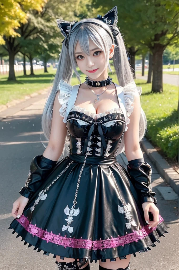 sexy stylish Japanese model, only 1 female, ((doll-like appearance)), gold long hair, ((shiny Punk-Style boots)), (happy smile), ultra detailed eyes, long lashes, metallic makeup, lip-gloss, ((sexy Punk Lolita cosplay)), unconventional skirt, petticoats, high neckline, ((ultra detailed lace)), ((ultra detailed embroidery)), intricate details, tartan patterns, (silver chains), (silver spikes), Punk Lolita accessories, Punk Lolita choker, ((large sparkling Punk Lolita jewelry)), cinematic light, detailed large park background with trees,Big Breasts、cute