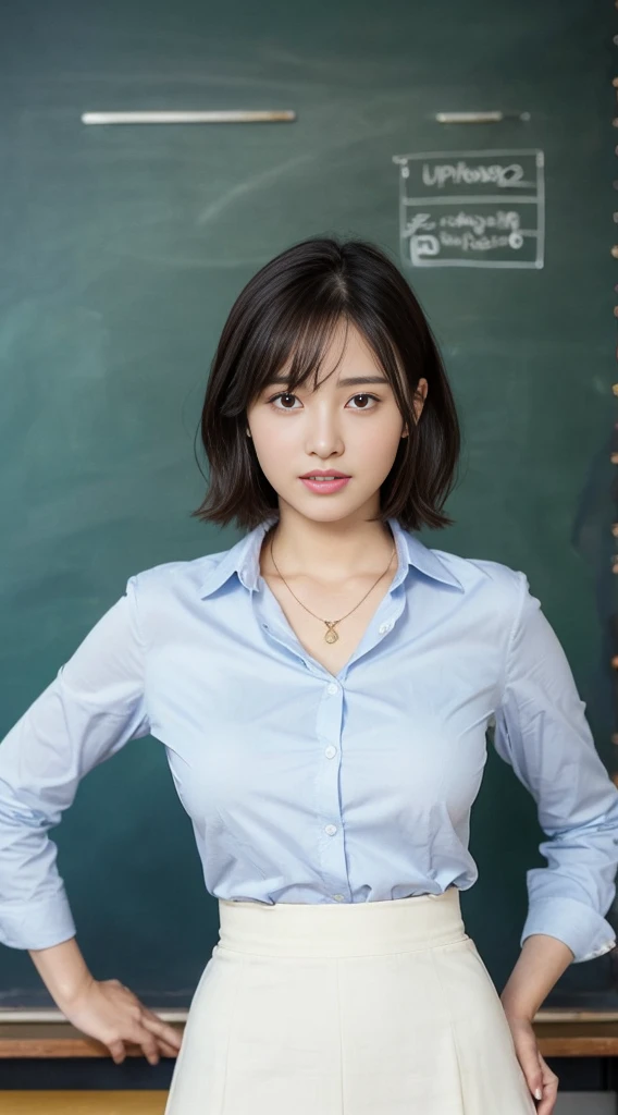 (Highly detailed CG Unity 8k wallpaper)、(masterpiece)、(Highest quality)、(Super detailed)、(Best illustrations)、(Best Shadow)、Ultra-high resolution、(Real、Photorealistic:1.2)、(student teacher:1.4)、messy short hair、(Large Breasts:1.4)、(A neat white shirt and a tight skirt:1.4)、((Stand in front of the blackboard:1.4))、(School classroom:1.4)、(Cute Necklace:1.2)、Puffy eyes、Close-up、Cloudy soft light、(Upper Body:1.4)