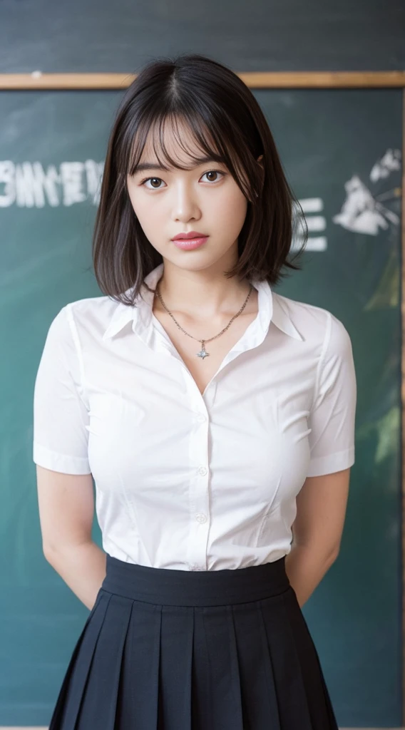 (Highly detailed CG Unity 8k wallpaper)、(masterpiece)、(Highest quality)、(Super detailed)、(Best illustrations)、(Best Shadow)、Ultra-high resolution、(Real、Photorealistic:1.2)、(student teacher:1.4)、messy short hair、(Large Breasts:1.4)、(A neat white shirt and a tight skirt:1.4)、((Stand in front of the blackboard:1.4))、(School classroom:1.4)、(Cute Necklace:1.2)、Puffy eyes、Close-up、Cloudy soft light、(Upper Body:1.4)
