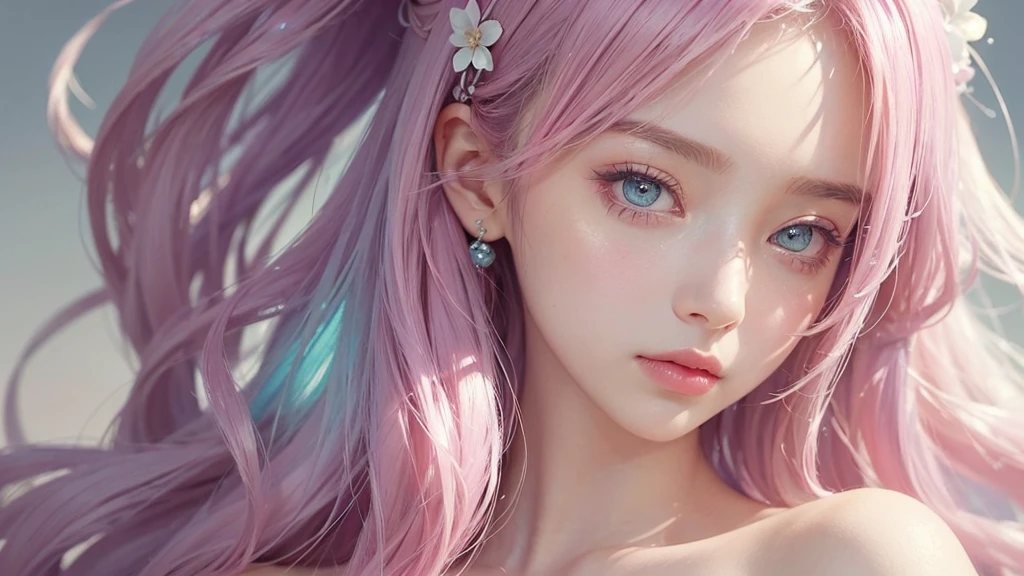 ((masterpiece)). This work is dreamy and fantastical., Soft pink watercolor shades. Generates delicate magical women exploring the bubble gum world in a variety of pastel colors. Her sweet face is extremely detailed and realistic with elegant, Mature features, Puffy, Big lips and stunning, Extremely realistic eyes. Her eyes are important、Be realistic, Very detailed, And it's beautiful. High resolution and detail, Include many details like stars, Milky Way, Colorful bubbles, Colorful petals, And a lot of energy and emotion! Stars and colorful bubblegum bubbles are important! Include fantasy details, Enhanced Details, iris, Colorful sparkling wind, And pollen. Pay special attention to her face、Make sure it's beautiful and realistic in detail。. The image is dreamy、It has to be fantastical..8k, Complex, elegant, Very detailed, Majestic, Digital photography