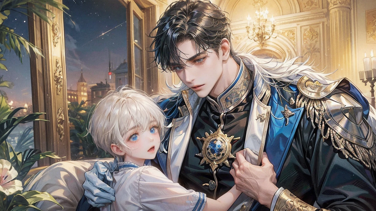 (((masterpiece))), ((Highest quality)), ((Super detailed)), (CG illustration), Happy parent-child scene。The resurrected form of Emperor Constantine and the twins Crispus and Fausta.、Father and son landscape。「Varna, Bulgaria、Under the clear blue sky、A summer evening where a stylish modern mansion shines。As the bright sunlight envelopes the sea and the mansion、A young father in his 30s hugs his twin sons tightly and warmly on his way home from work。The father's face was filled with deep love, retribution and forgiveness.、I can see the look of relief on his face, having overcome his past mistakes.。The children have innocent, naive smiles、He buried his face in his father's shoulder and looked relieved.。Light and shadow gently intersect、A scene that creates a warm and moving atmosphere overall.。」Love。Love, forgiveness, healing and purification。Detailed and delicate。lyrical。Heartful Modern。Gorgeous。elegant。masterpiece。super high quality。, beauty, brilliance, ultra-high quality, ultra-high resolution, Ultra-fine, ultra-beautiful, a masterpiece.masterpiece。I'm in love with you,