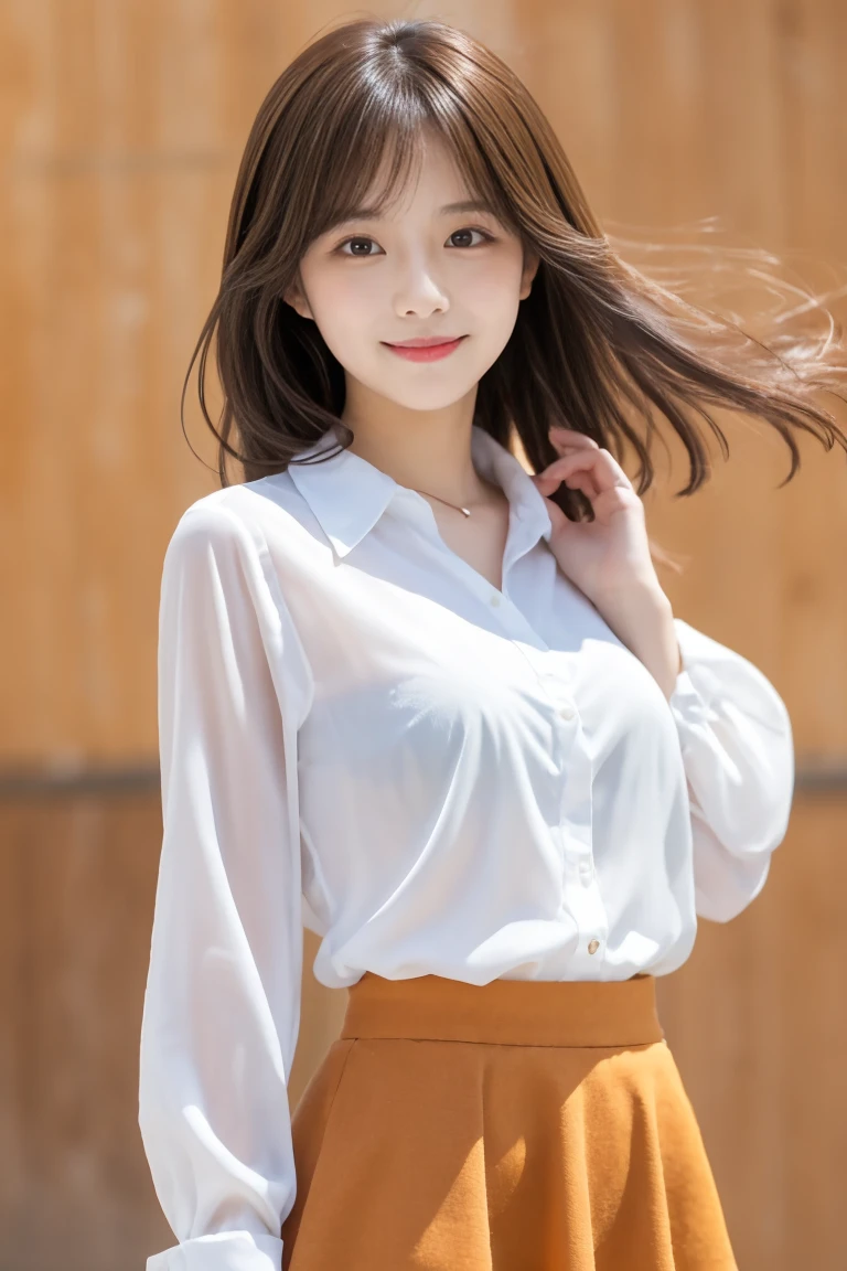 A cute anime-style girl is standing. She has short brown hair and large brown eyes, and is wearing a white blouse paired with an orange skirt. The background is simple, emphasizing her bright and cheerful expression、Side-show pose