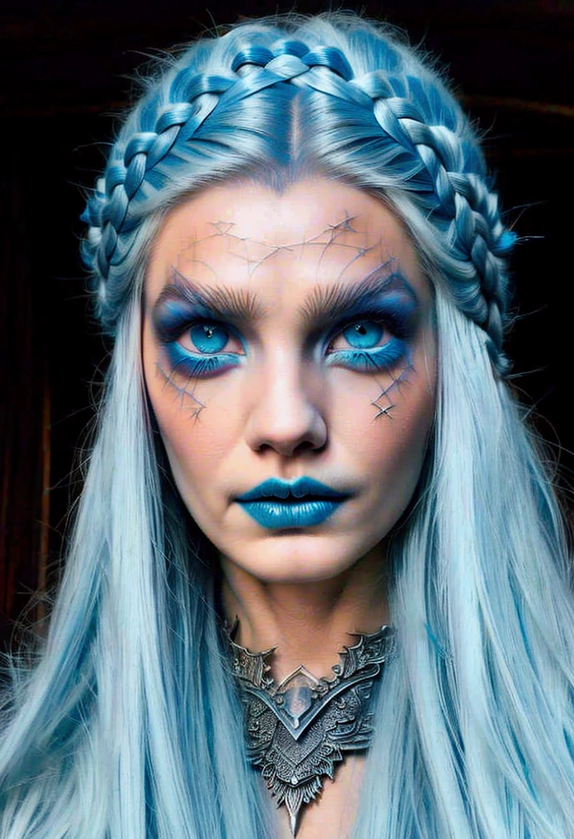 Evil sorceress, piercing blue eyes, white hair, braided hair, casting a spell