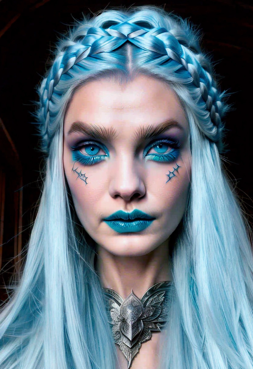 Evil sorceress, piercing blue eyes, white hair, braided hair, casting a spell