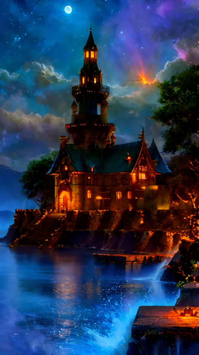 Mysterious Castle、霧のWind景、Majestic Tower、Intricate stone carvingysterious glow、Bright colors、Enchanting atmosphere、Wind、Hidden Secrets、ling moonlight、Mystical Creatures。(Highest quality、High resolution、Very detailed)、ancient architecture、Western architecture, Magical atmosphere、Dreamy atmosphere、Dark fantasy setting、Surreal elements、Fairytale atmosphere、Surrealistic lighting、A realistic picture。