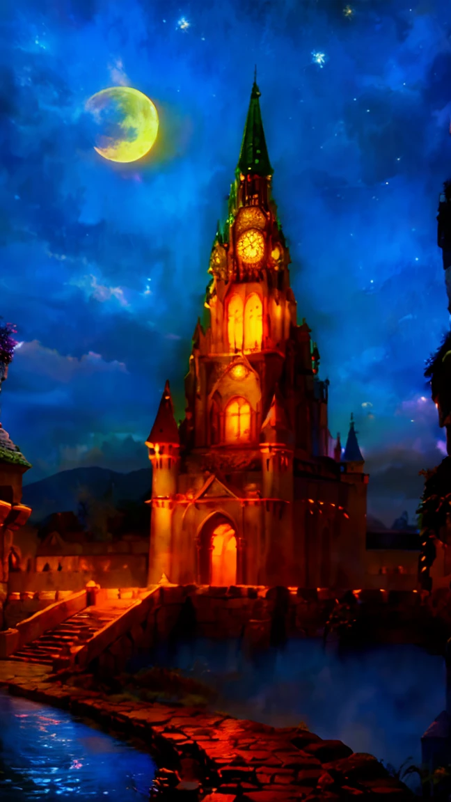 Mysterious Castle、霧のWind景、Majestic Tower、Intricate stone carvingysterious glow、Bright colors、Enchanting atmosphere、Wind、Hidden Secrets、Twinkling moonlight、Mystical Creatures。(Highest quality、High resolution、Very detailed)、ancient architecture、Western architecture, Magical atmosphere、Dreamy atmosphere、Dark fantasy setting、Surreal elements、Fairytale atmosphere、Surrealistic lighting、A realistic picture。