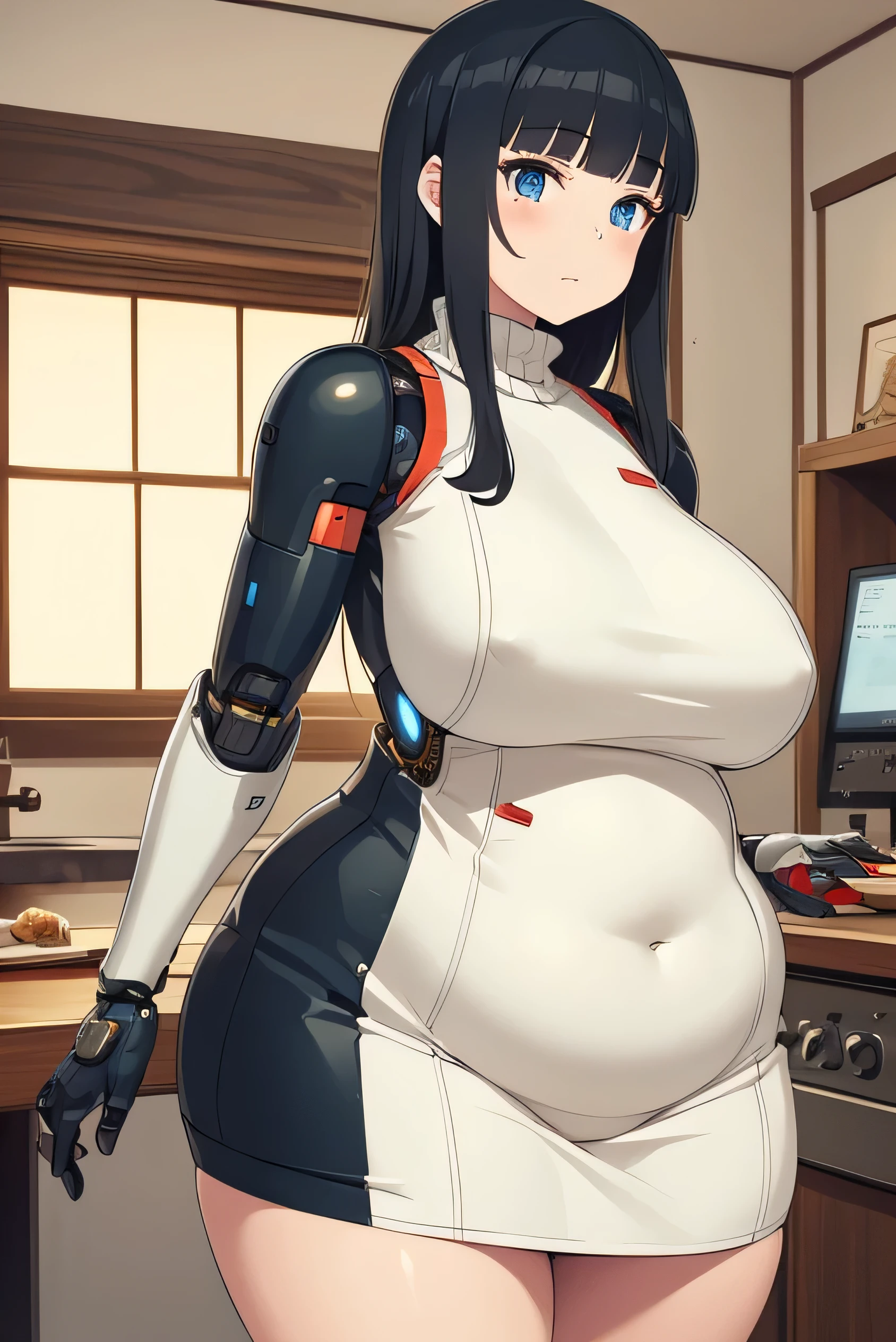 masterpiece, best quality, extremely detailed, Japanese android girl,Plump ,control panels,robot arms,robot,android,cyborg,black hair,ceramic body,perfect robotgirl,blunt bangs,jumper dress,blue eyes