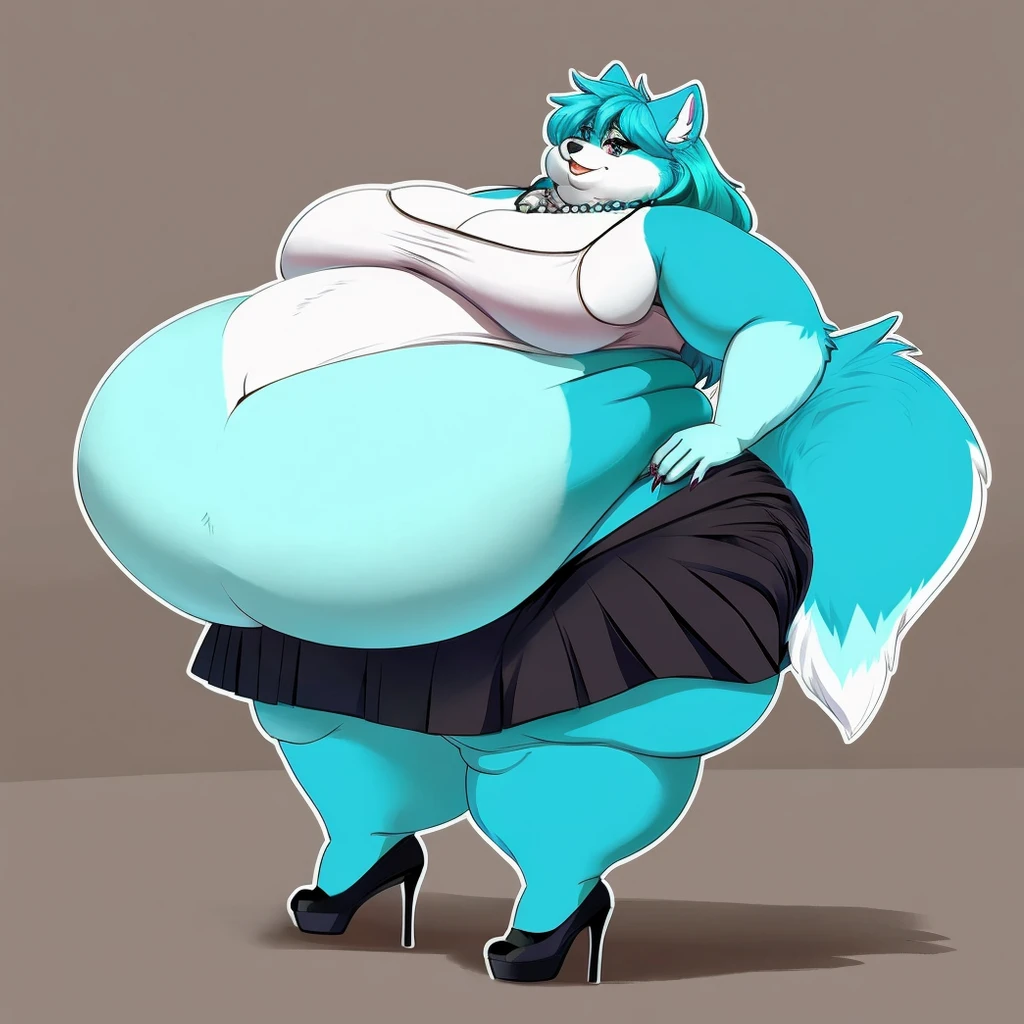 Malamute, female, long cyan hair, huge breasts, huge hips, huge thighs, plump, voluptuous, morbidly obese, feminine, gorgeous, beautiful, eyelashes, fat arms, fat legs, fat neck, chubby cheeks, double chin,tank top, black skirt,cyan hair, cyan fur, cyan eyes, pear-shapped figure, claws,cyan claws simple background, rectangular glasses , necklace , fullbody, graceful,cyan eyes, bottom heavy tufy of hair on eye, big belly, high heels