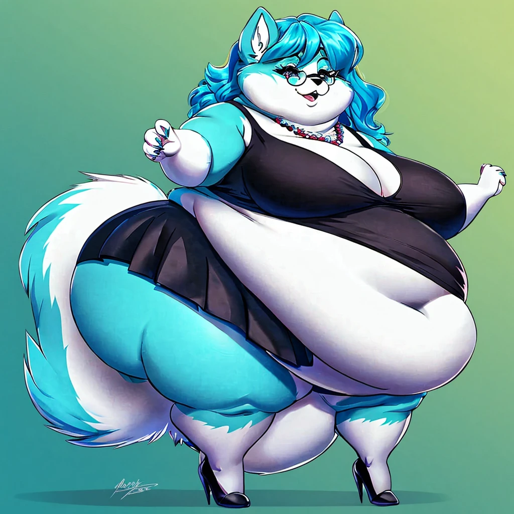 Malamute, female, long cyan hair, huge breasts, huge hips, huge thighs, plump, voluptuous, morbidly obese, feminine, gorgeous, beautiful, eyelashes, fat arms, fat legs, fat neck, chubby cheeks, double chin,tank top, black skirt,cyan hair, cyan fur, cyan eyes, pear-shapped figure, claws,cyan claws simple background, rectangular glasses , necklace , fullbody, graceful,cyan eyes, bottom heavy tufy of hair on eye, big belly, high heels 