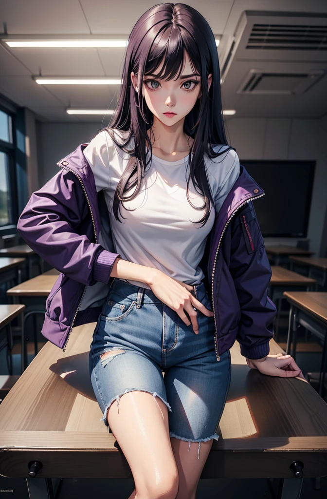 8k, (stand:1.3), slim and fit girl, perfect medium breast, slim waist, long dark purple straight hair, a lock of hair hides the right eye, casual outfit, jacket, tight denim outfit, classroom