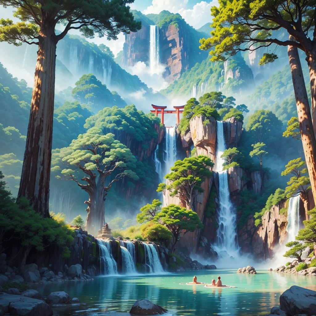Best Quality，hot spring，Super huge open-air bath，Different world，Super huge tree，There is a huge torii，There is a huge Buddha statue，masterpiece，Dream world，mysterious，Huge waterfall，8k，Anime Art，romantic，Amazing view，