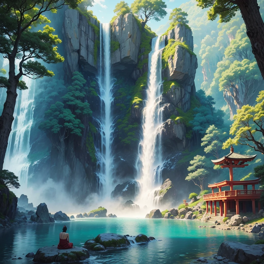 Best Quality，hot spring，Super huge open-air bath，Different world，Super huge tree，There is a huge torii，There is a huge Buddha statue，masterpiece，Dream world，mysterious，Huge waterfall，8k，Anime Art，romantic，Amazing view，