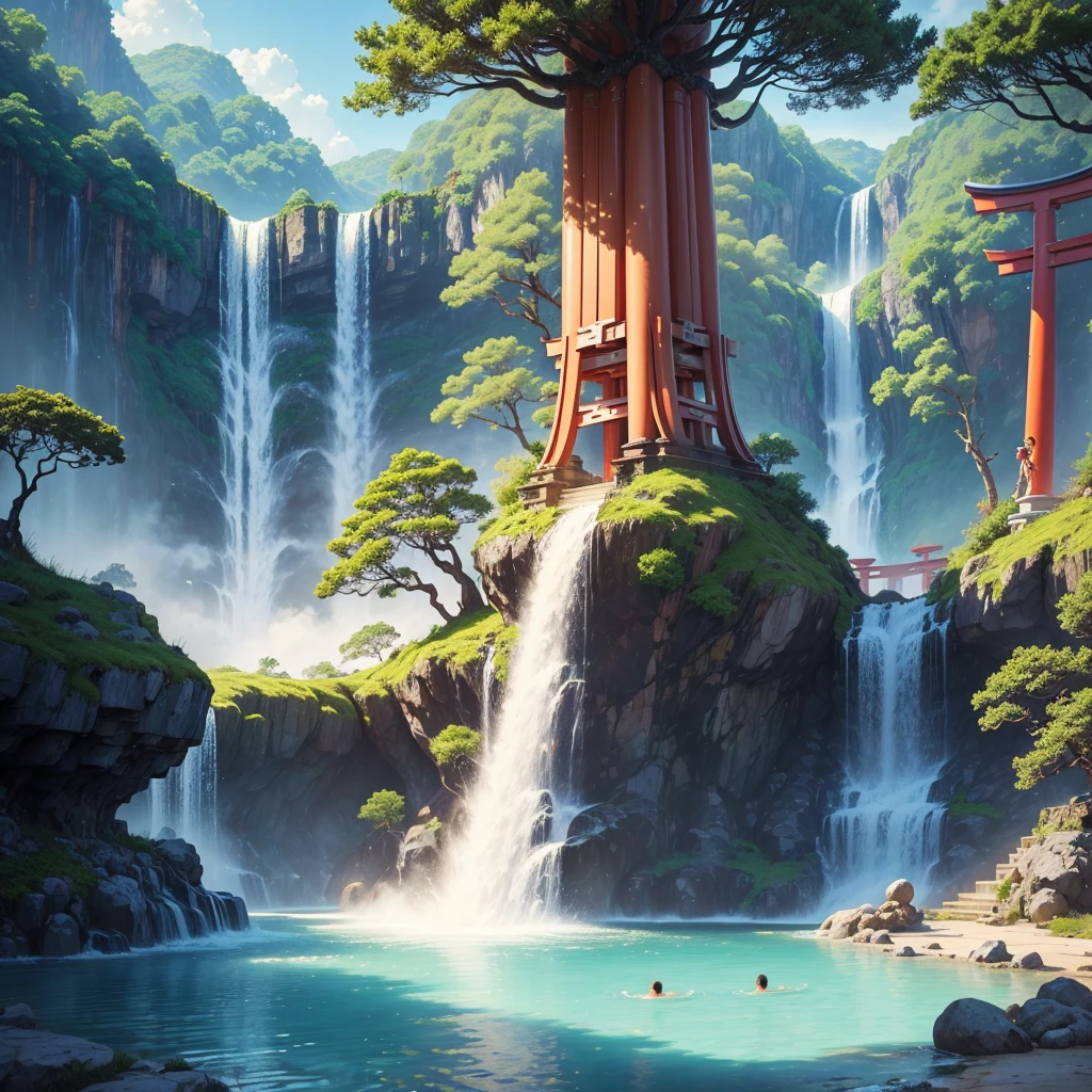 Best Quality,hot spring,Super huge open-air bath,Different world,Super huge tree,There is a huge torii,There is a huge Buddha statue,masterpiece,Dream world,mysterious,Huge waterfall,8k,Anime Art,romantic,Amazing view,
