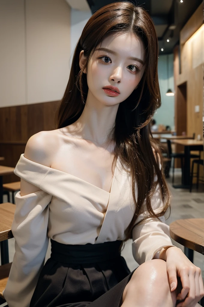 best quality, masterpiece, ultra high resolution, (realistic:1.4), RAW photos, 1 woman, open shoulder shirt, good body proportions, sitting in a cafe, natural, The face is small compared to the body