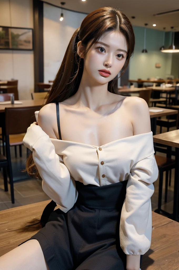 best quality, masterpiece, ultra high resolution, (realistic:1.4), RAW photos, 1 woman, open shoulder shirt, good body proportions, sitting in a cafe, natural, The face is small compared to the body