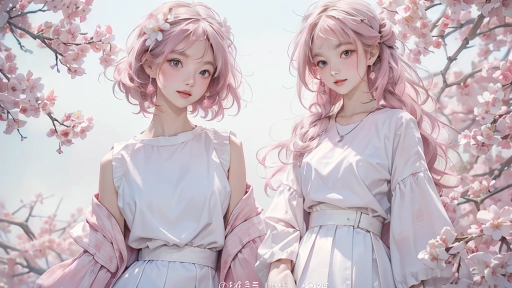 There is a girl in a short pink pastel dress, plum blossoms,  ray tracing, best quality, masterpiece, extremely detailed 8K wallpaper, colorful, intricate details, cold white skin, (meticulously portrayed blush), soft cute, messy beauty, bright and silky skin, beautiful eyes, peach blossom eyes, an extremely delicate and beautiful girl, white skirt, upper body,