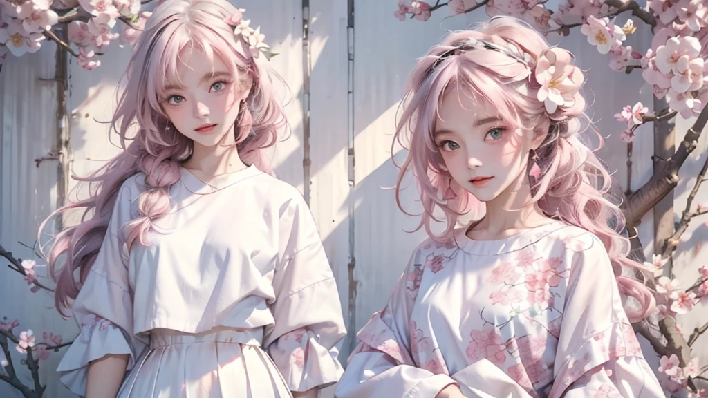 There is a girl in a short pink pastel dress, plum blossoms, ray tracing, best quality, masterpiece, extremely detailed 8K wallpaper, colorful, intricate details, cold white skin, (meticulously portrayed blush), soft cute, messy beauty, bright and silky skin, beautiful eyes, peach blossom eyes, an extremely delicate and beautiful girl, white skirt, upper body,