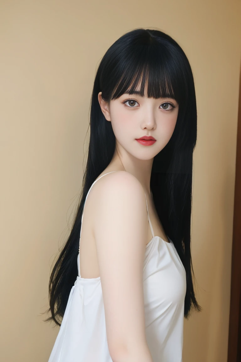 ulzzang-6500-v1.1,(raw photo:1.2),((photorealistic:1.30)), ((best quality)) ,((masterpiece)),((Ultra High Resolution)), ((Clear View)),,Ultra-high resolution,Clear face,（Reality：1.4) ,  illustration, an extremely delicate and beautiful, extremely detailed ,CG ,unity ,8k wallpaper, Amazing, finely detail, masterpiece,best quality,official art,extremely detailed CG unity 8k wallpaper,absurdres, incredibly absurdres, huge filesize, ultra-detailed, highres, extremely detailed,beautiful detailed girl, extremely detailed eyes and face, beautiful detailed eyes,light on face,cinematic lighting,1girl, 独奏, long hair, black hair, bangs, jewelry, Earring, (upper body),(looking at viewer:1.5),indoors, Dress, (black dress), standing,