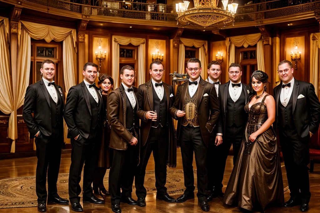 (Steam Punk) (A steam powered butler, styled after a dapper English man, many pistons and cogs, steam vents, complex optical lenses) tending guests at a formal dance, ball room