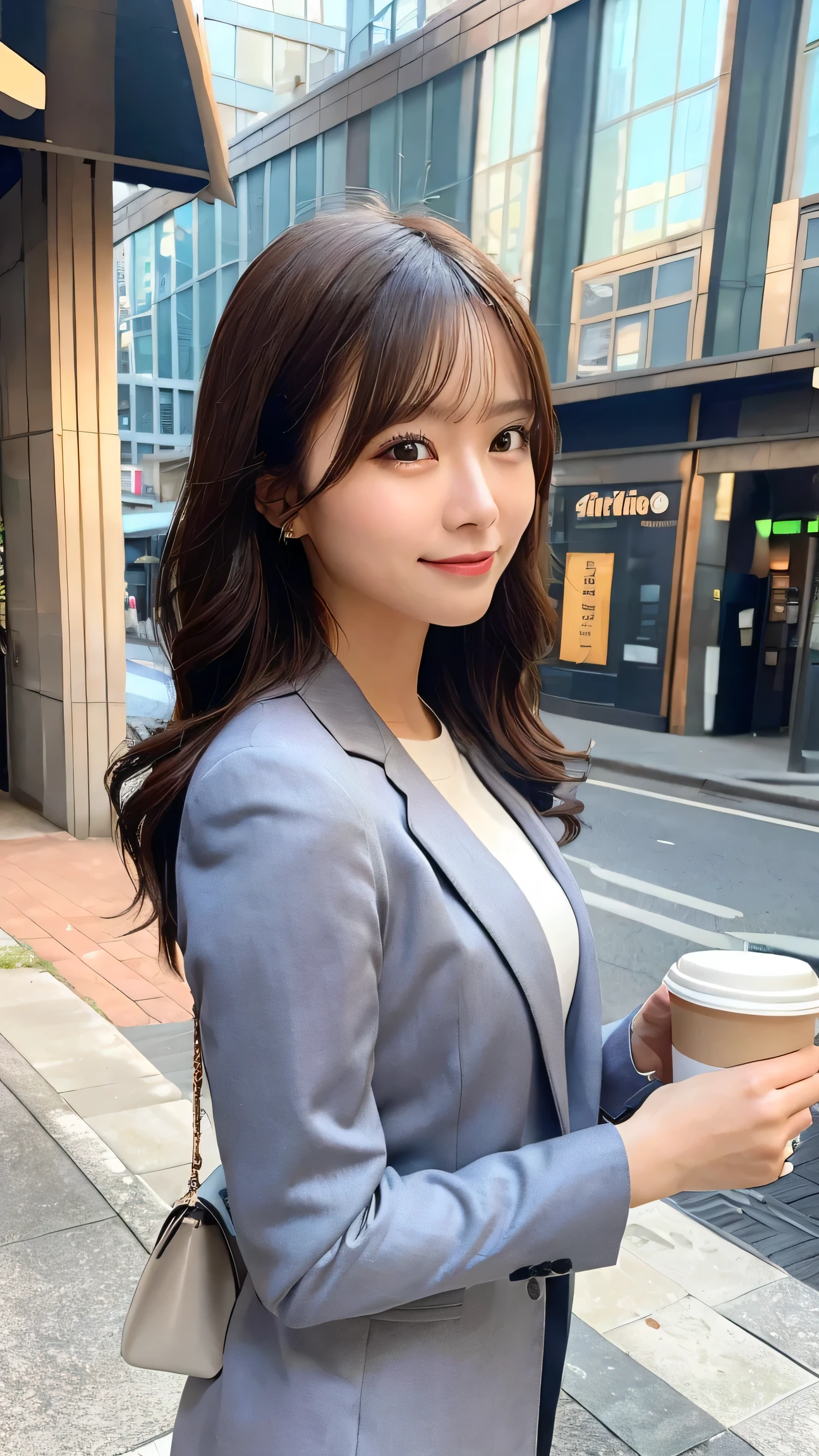 best quality, 1 beautiful woman, business casual attire, holding coffee cup, city street, morning light, focused expression, busy background, detailed
