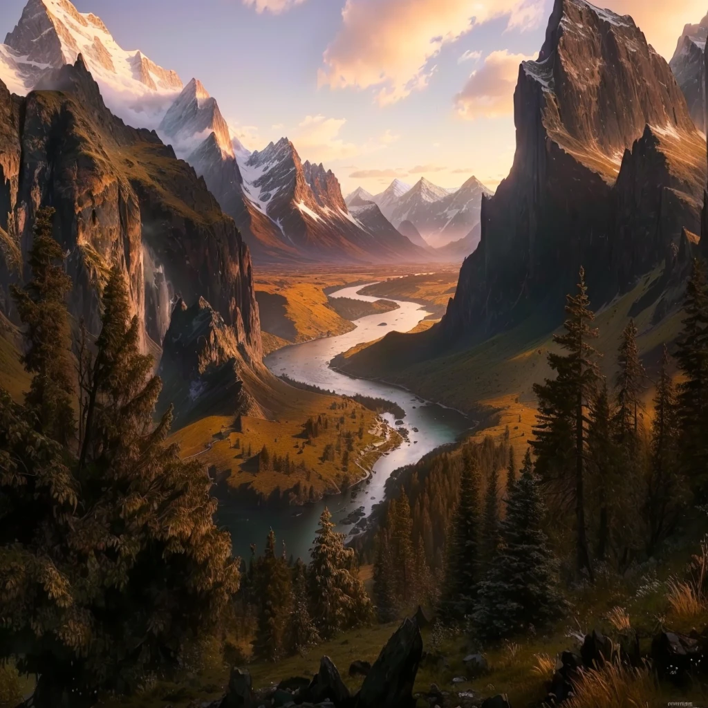 mountains and a river in the foreground with a mountain in the background, max rive, 8 k matte painting, 8k matte painting, the most beautiful landscape, epic beautiful landscape, beautiful mattepainting, majestic nature scenery, matte painting scenery, an amazing landscape image, epic cinematic matte painting, stunning matte painting, stunning nature in background, beautiful matte painting, most epic landscape