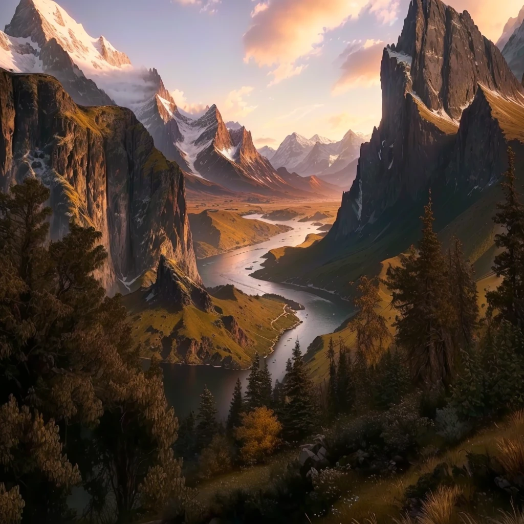 mountains and a river in the foreground with a mountain in the background, max rive, 8 k matte painting, 8k matte painting, the most beautiful landscape, epic beautiful landscape, beautiful mattepainting, majestic nature scenery, matte painting scenery, an amazing landscape image, epic cinematic matte painting, stunning matte painting, stunning nature in background, beautiful matte painting, most epic landscape