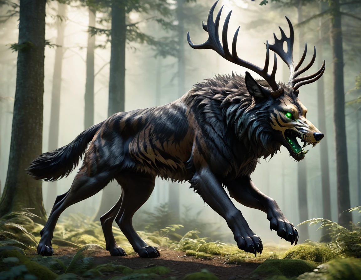 full body portrait of realistic big black beast, feral, side view, running motion, six claws on each paw, long legs, four legged, wolf tiger deer bear hybrid skull face, twisted horns, twisted antlers, tiger, deer, wolf, wendigo, bear, hybrid body with beryl green eyes, beryl green smoke from mouth, dark mysterious forest scenery, full body, cinematic, render, 8k, unreal engine, realistic, masterpiece, high detail, full body, low life, extremely intricate, extreme detail, volumetric lighting