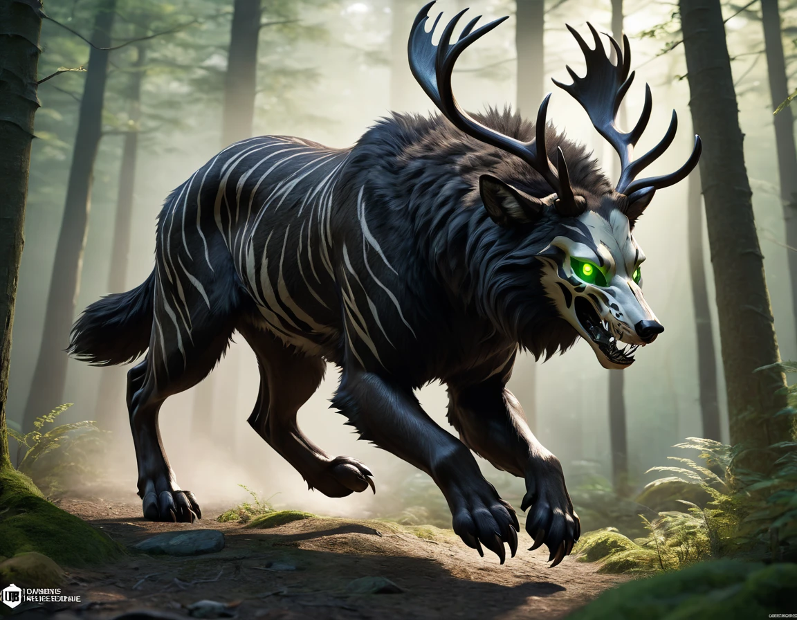 full body portrait of realistic big black beast, feral, side view, running motion, six claws on each paw, long legs, four legged, wolf tiger deer bear hybrid skull face, twisted horns, twisted antlers, tiger, deer, wolf, wendigo, bear, hybrid body with beryl green eyes, beryl green smoke from mouth, dark mysterious forest scenery, full body, cinematic, render, 8k, unreal engine, realistic, masterpiece, high detail, full body, low life, extremely intricate, extreme detail, volumetric lighting