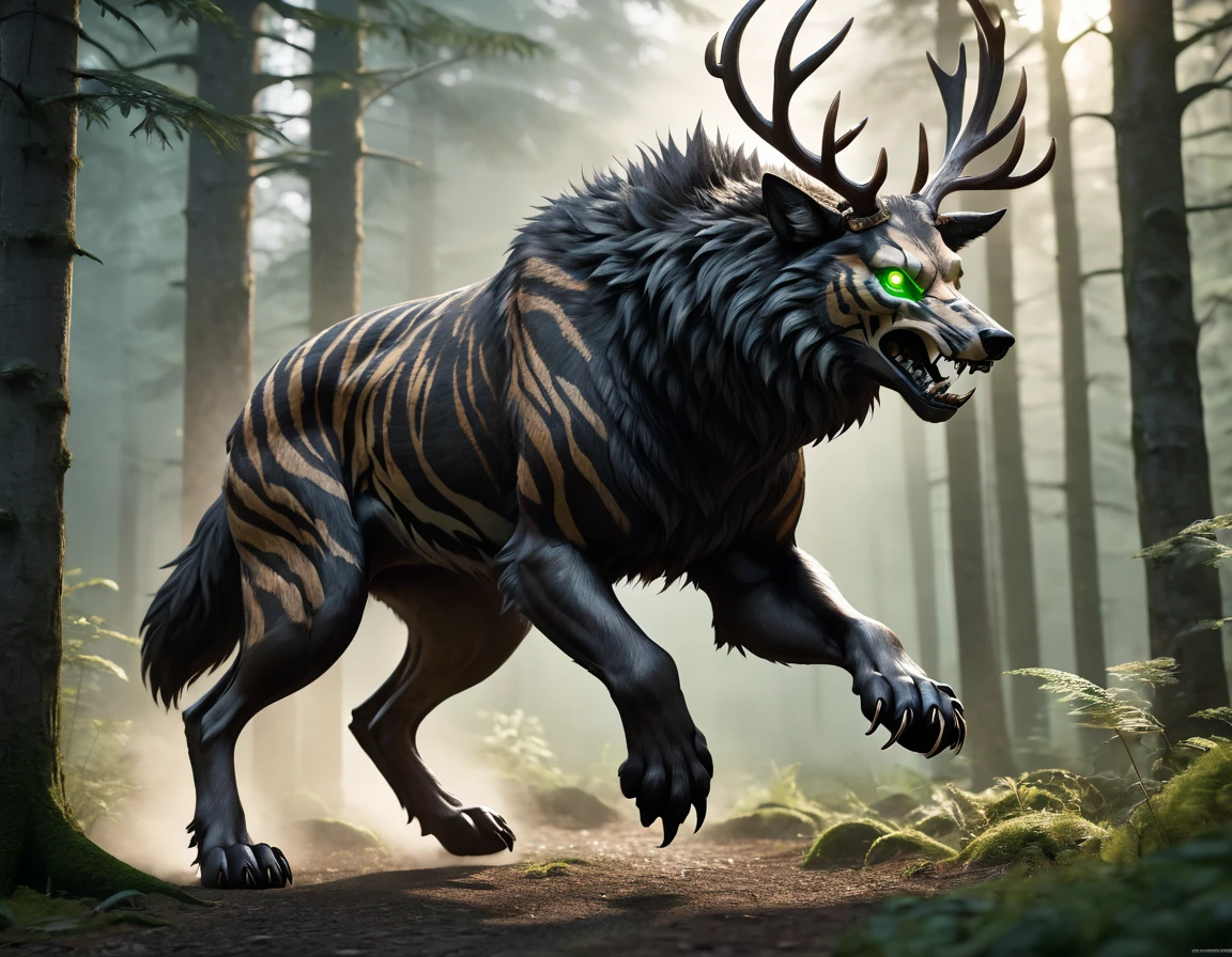 full body portrait of realistic big black beast, feral, side view, running motion, six claws on each paw, long legs, four legged, wolf tiger deer bear hybrid skull face, twisted horns, twisted antlers, tiger, deer, wolf, wendigo, bear, hybrid body with beryl green eyes, beryl green smoke from mouth, dark mysterious forest scenery, full body, cinematic, render, 8k, unreal engine, realistic, masterpiece, high detail, full body, low life, extremely intricate, extreme detail, volumetric lighting