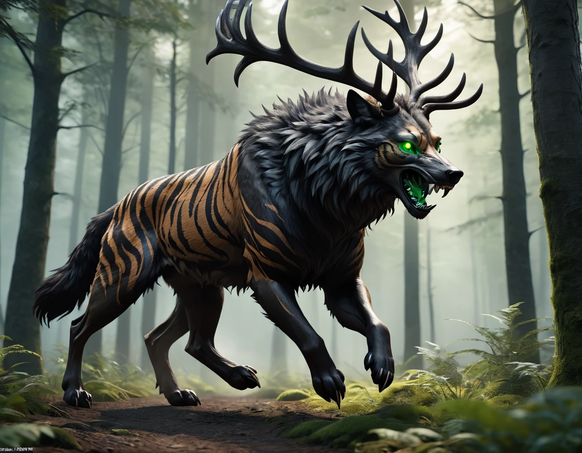 full body portrait of realistic big black beast, feral, side view, running motion, six claws on each paw, long legs, four legged, wolf tiger deer bear hybrid skull face, twisted horns, twisted antlers, tiger, deer, wolf, wendigo, bear, hybrid body with beryl green eyes, beryl green smoke from mouth, dark mysterious forest scenery, full body, cinematic, render, 8k, unreal engine, realistic, masterpiece, high detail, full body, low life, extremely intricate, extreme detail, volumetric lighting